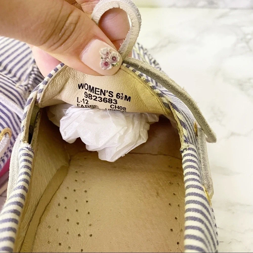Sperry Top-Sider‎ J. Crew Boat Shoes Womens 6.5 Blue White Striped Pink Sole